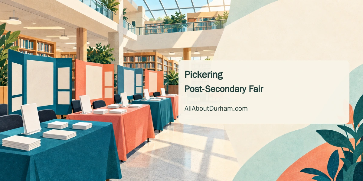 Original conceptual editorial collage of library information tables with blank brochures and unmarked display boards, representing a post-secondary school fair.