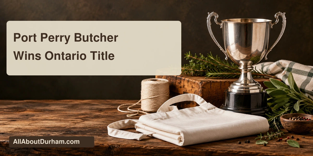 Original conceptual editorial illustration of an apron, butcher twine, cutting board and plain trophy; not the actual shop or competition prize.