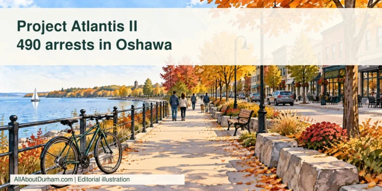 Editorial illustration: a quiet generic Ontario downtown path with a bicycle; not incident evidence.
