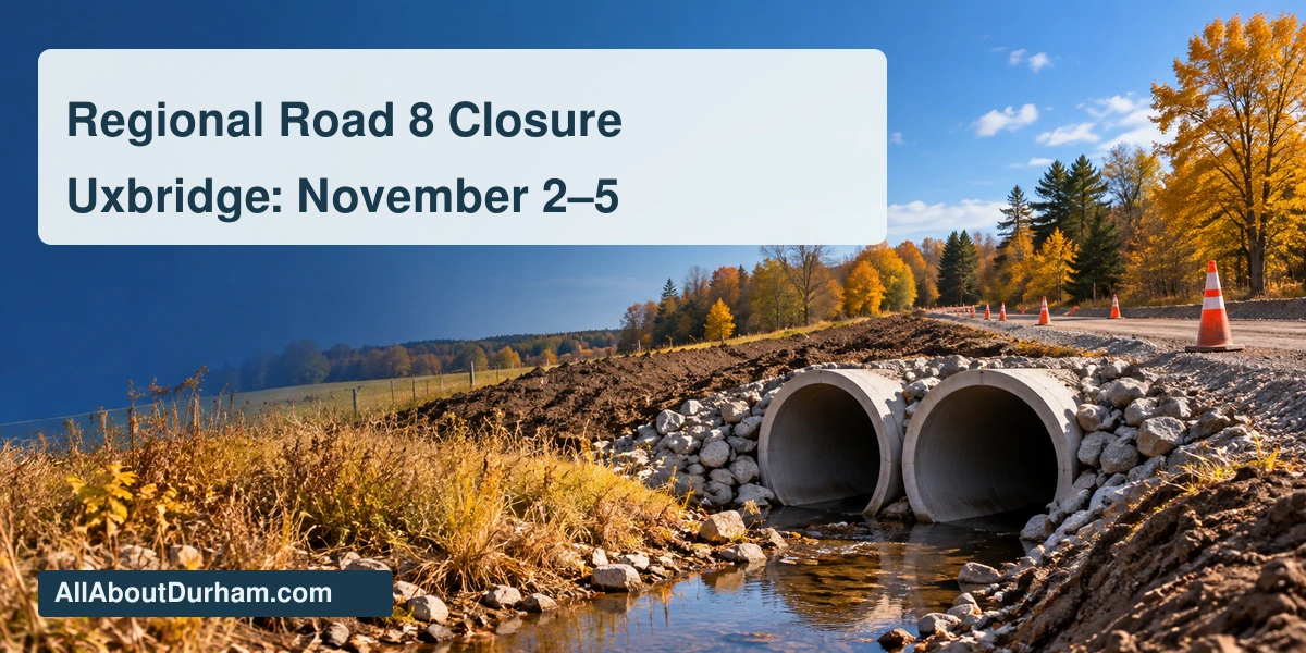 Original conceptual editorial illustration of concrete drainage pipes beside a rural autumn road and traffic cones; not a photograph of the Uxbridge work site.