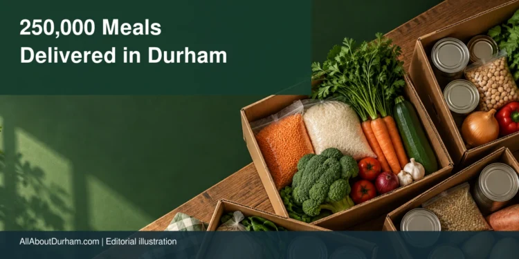 Original editorial illustration of unbranded grocery boxes with vegetables, rice and lentils on a sorting table; not a photo of Rozi Roti operations.