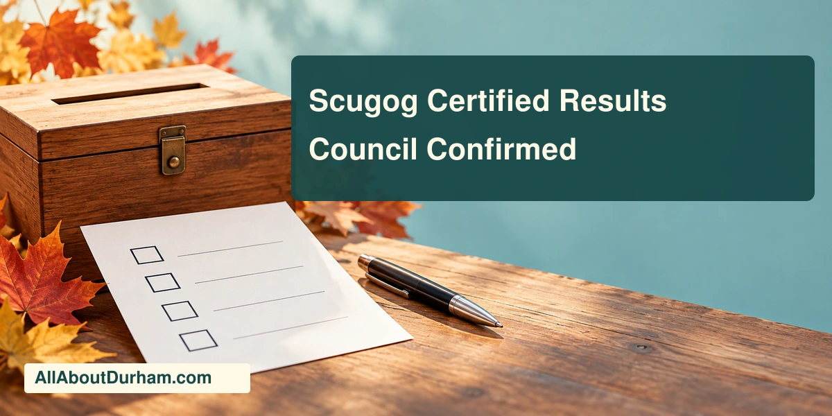 Original editorial illustration of a ballot box, blank ballot and pen; not an official Scugog ballot.