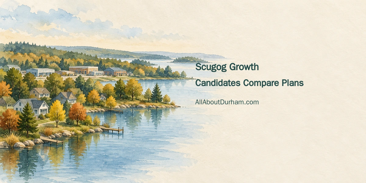 Conceptual watercolour illustration of a small lakeside community with homes and employment buildings, representing Scugog growth choices.