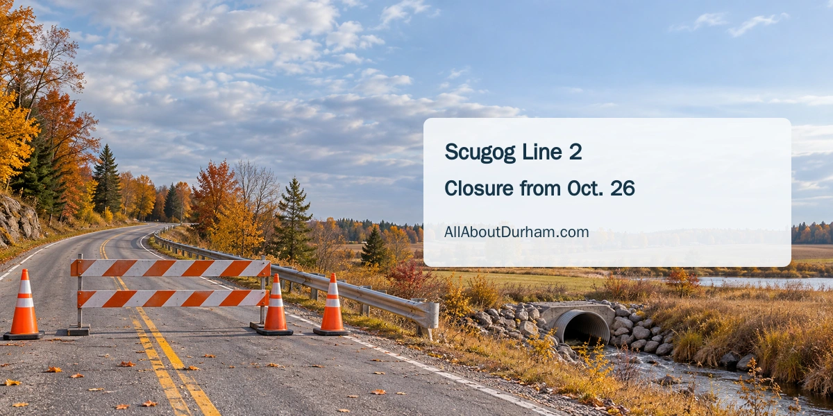 Original editorial illustration of an anonymous rural road and plain construction barrier, representing Scugog Line 2 closure; not the actual work site.