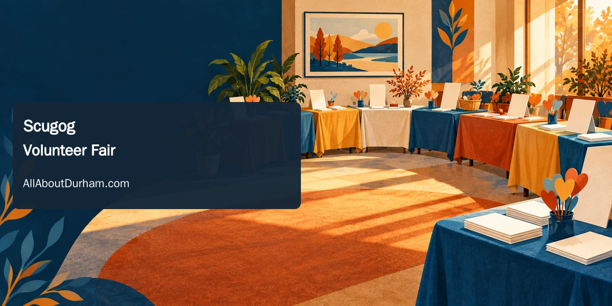 Original conceptual editorial illustration of unmarked community information tables and paper hearts in a generic library room, representing a Port Perry volunteer fair.