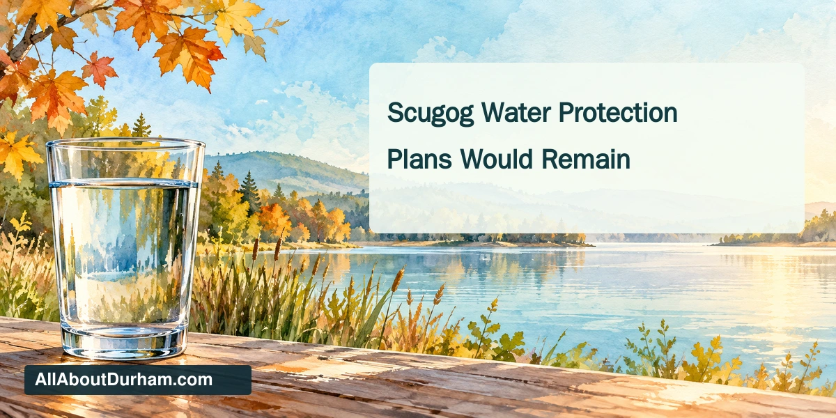 Conceptual watercolour illustration of a plain glass of water beside an imaginary autumn lake; not a water test, actual supply or identifiable shoreline.
