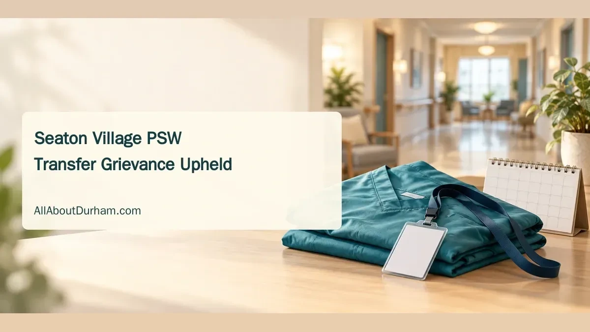 Conceptual editorial illustration of care-worker scrubs and a blank lanyard in a generic care setting; not the actual Seaton Village home or staff.