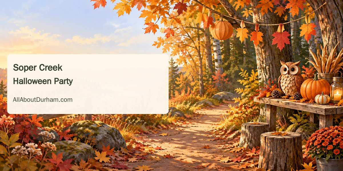 Original conceptual editorial illustration of an autumn woodland path, pumpkin and wildlife-themed craft table representing a family wildlife-rescue fundraiser.