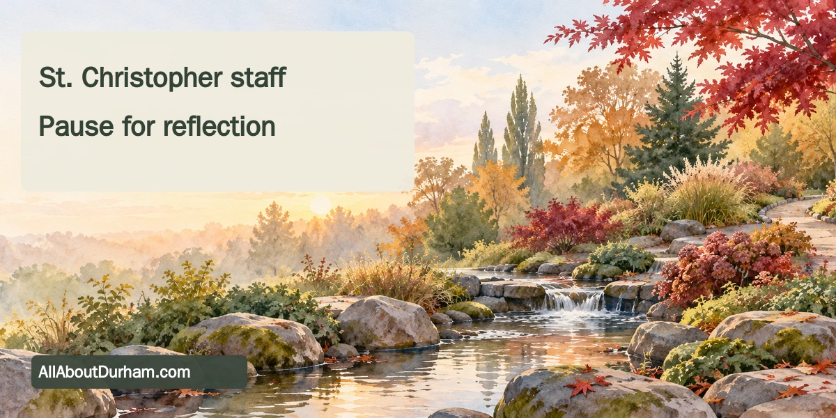Conceptual watercolour illustration of a quiet autumn garden creek, smooth stones and a winding path; not a photograph of school staff.