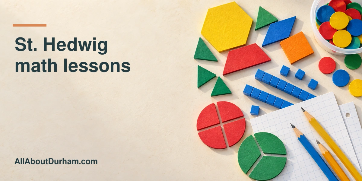 Original editorial illustration of pencils, blank squared paper and colourful mathematical manipulatives on a classroom table.