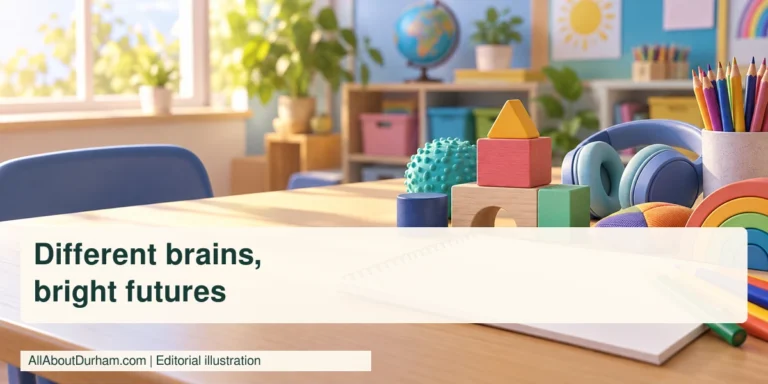 Editorial illustration: colourful learning materials, headphones and blank paper on a classroom desk.