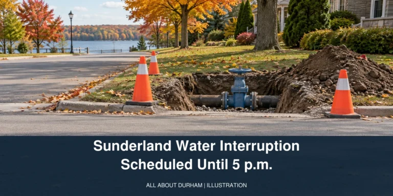 Illustration of watermain maintenance equipment beside a quiet street, with the Sunderland water interruption headline.