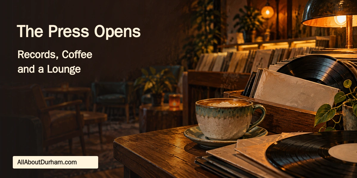 Original conceptual editorial illustration of vinyl records and a coffee cup in a warm lounge; not a photograph of The Press.