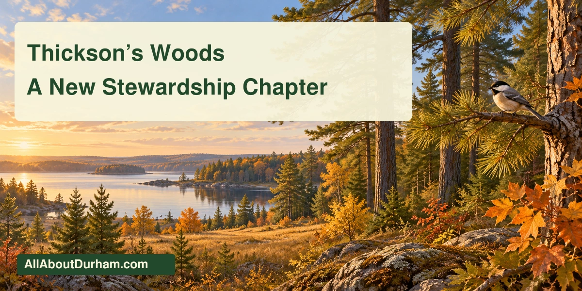 Original editorial illustration of old-growth pine woodland, meadow and lakeshore with a songbird; a conceptual scene, not a photograph of the reserve.