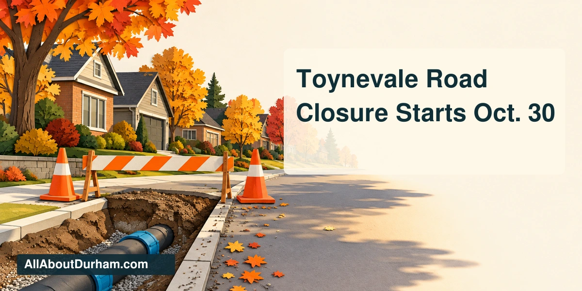 Conceptual paper-cut illustration of cones and a barrier on a generic autumn residential street; not an actual photograph of Toynevale Road.