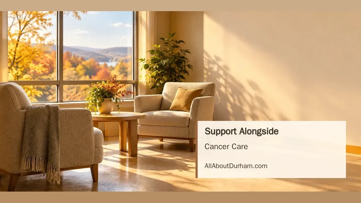 Conceptual editorial illustration of a quiet consultation room with two chairs and an autumn view; not a photograph of the clinic or patient.