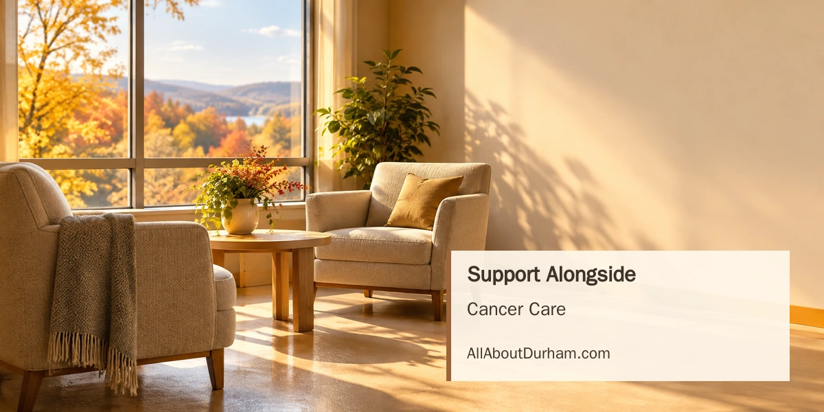 Original editorial illustration of a peaceful generic consultation room with two chairs and an autumn view; not a photograph of the clinic.