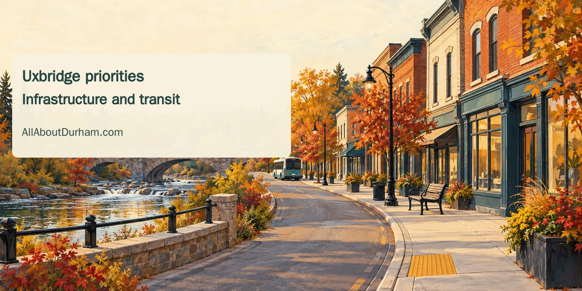 Original editorial illustration of a generic accessible small-town street, bridge and bus; not a real Uxbridge project design.