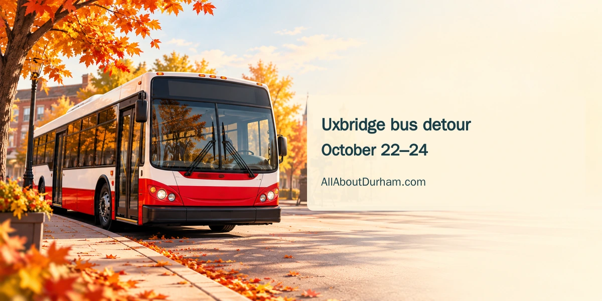 Original editorial illustration of an unbranded bus beside an autumn sidewalk with distant film equipment; not a photograph of Railway Street.