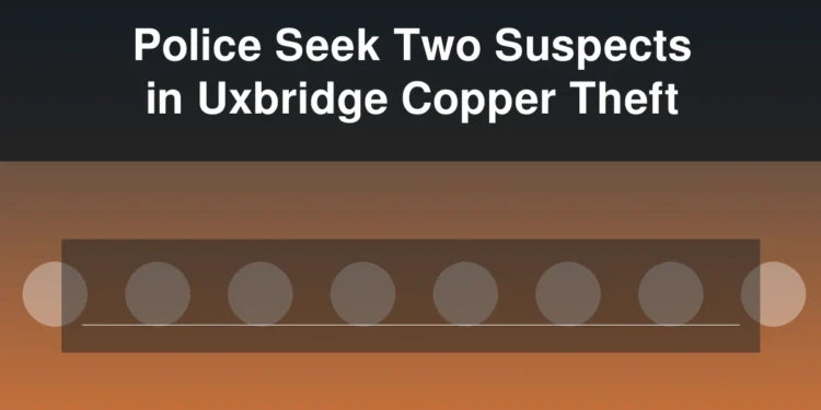 Illustration of coiled copper wire and a shipping container with the headline Police Seek Two Suspects in Uxbridge Copper Theft