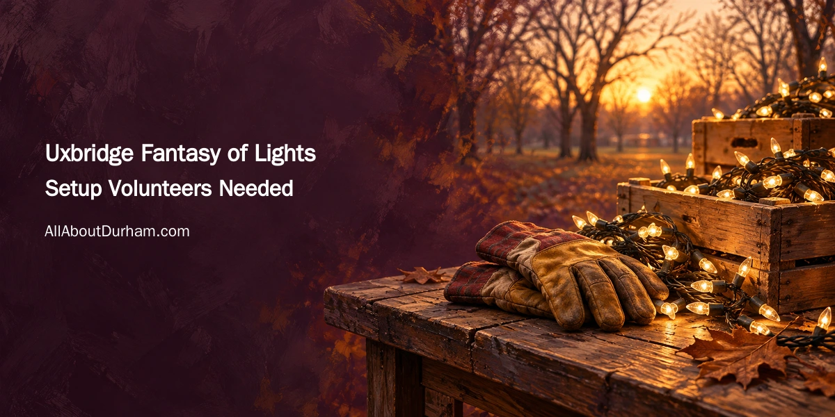 Original editorial illustration of work gloves and coiled festive lights on a park workbench; not a photograph of the Uxbridge display.