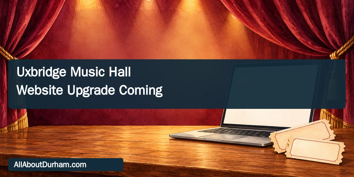 Conceptual editorial illustration of theatre curtains, a blank laptop and blank admission tickets; not an actual Music Hall interface.
