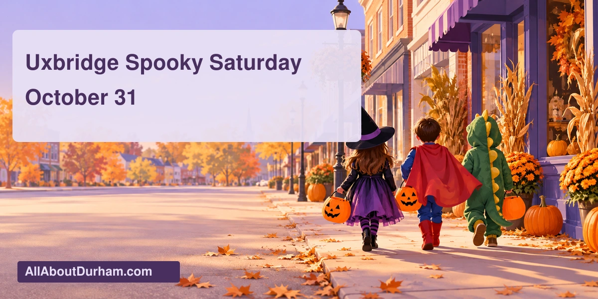 Original conceptual illustration of costumed children visiting generic shops for Halloween; not a photograph of Uxbridge participants.