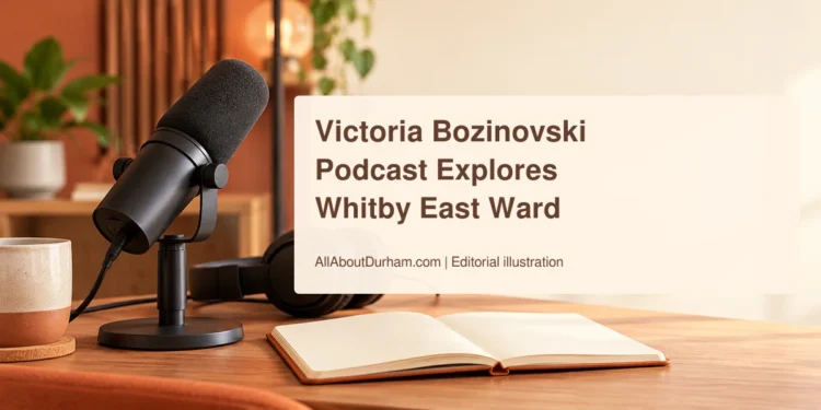 Original editorial illustration of a microphone, headphones and notebook in a warm recording space; not a photograph of Victoria Bozinovski or the People of Durham studio.