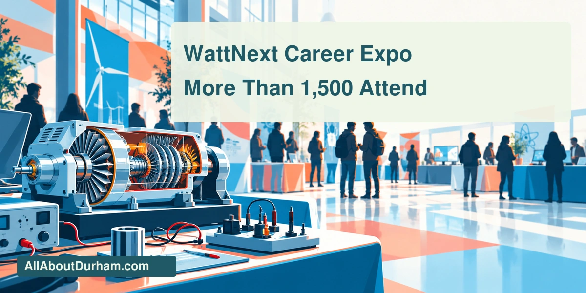 Original conceptual editorial illustration of an education exhibition with turbine training equipment and anonymous visitors; not a photograph of the expo.