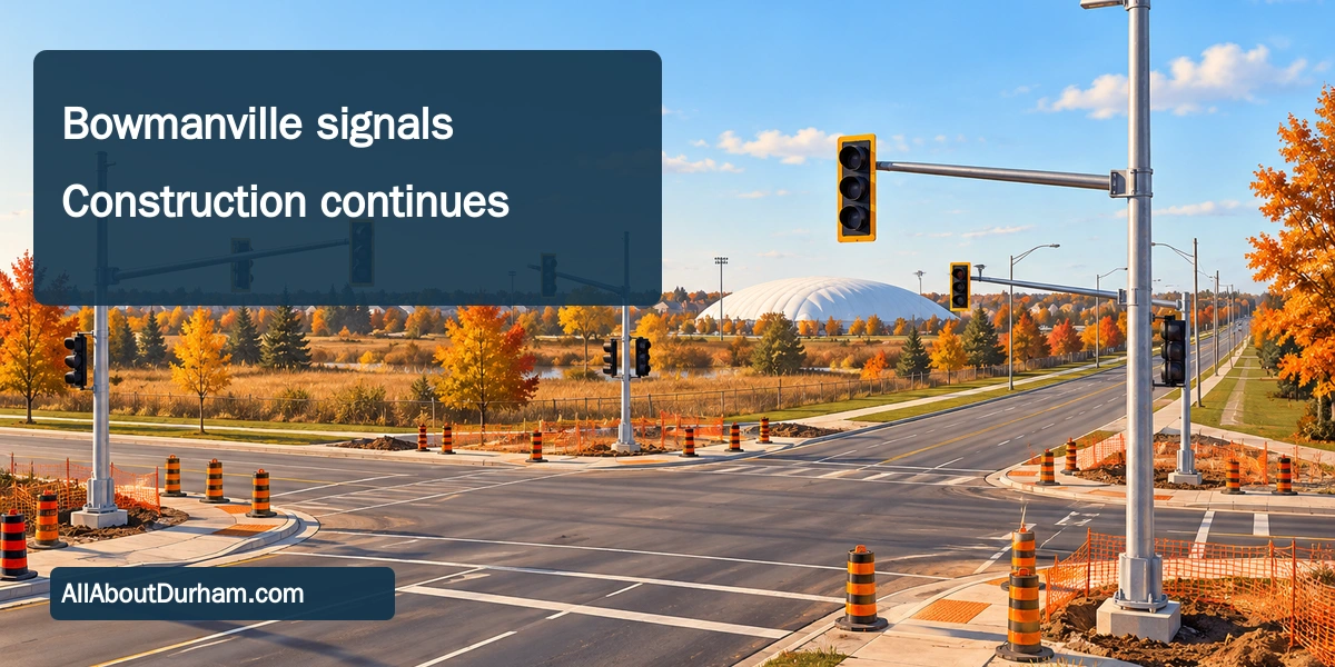 Conceptual editorial illustration of traffic-signal installation and construction cones at a generic suburban intersection, not an exact site design.