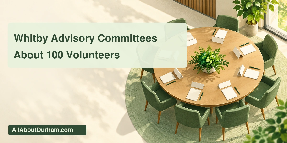 Original editorial illustration of an empty civic meeting table with blank notes and chairs; not an actual Whitby meeting room.