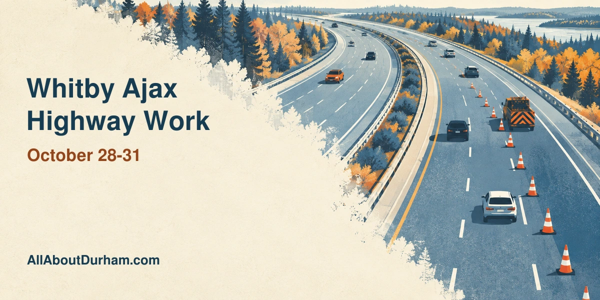 Original screenprint-style conceptual illustration of highway lane maintenance with cones; not an image of a specific Whitby or Ajax work site.