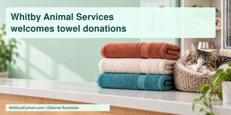 Original conceptual illustration of folded towels and a resting cat at a generic animal shelter reception counter.