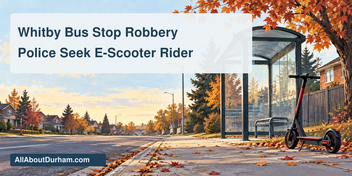 Original editorial illustration of a quiet suburban bus stop and an unoccupied electric scooter; not a photograph of the incident.