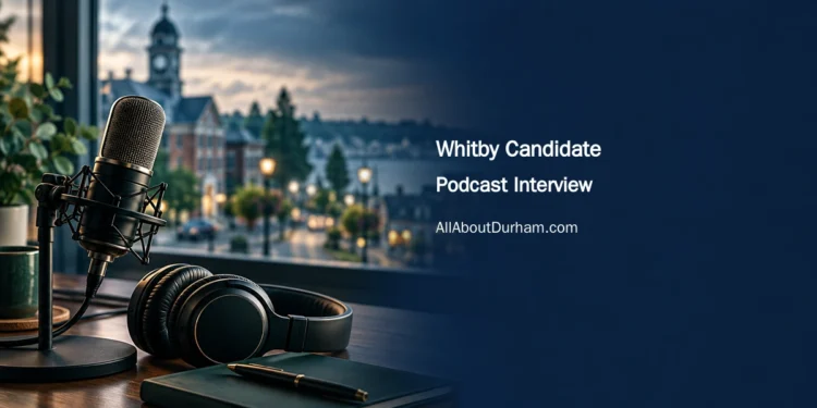 Original conceptual illustration of a podcast microphone and headphones beside a softly blurred civic streetscape; no candidate portrait or endorsement.