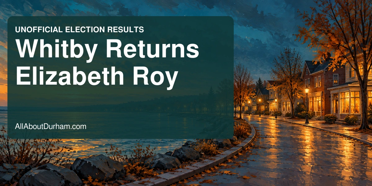 Conceptual editorial painting of a generic lakeside town at autumn dusk; not an actual Whitby civic building or election photograph.