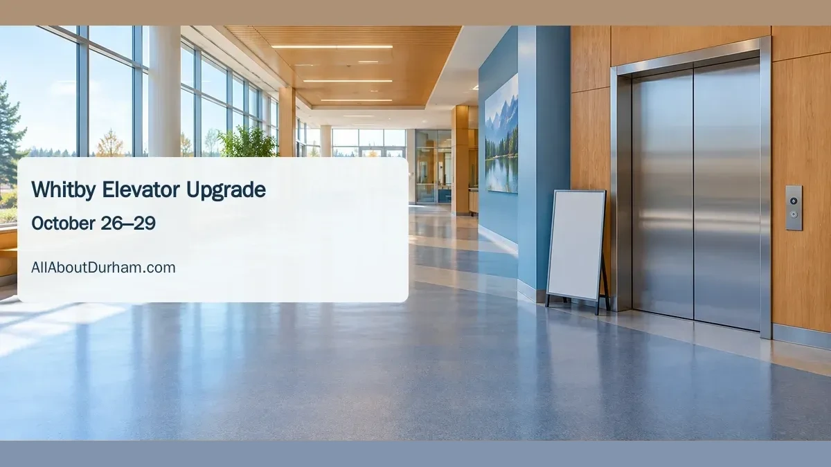 Conceptual editorial illustration of closed elevator doors in a generic recreation corridor; not a photograph of Whitby Civic Recreation Complex.