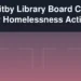 Illustration of a public library and community support symbols with the headline Whitby Library Board Calls for Homelessness Action