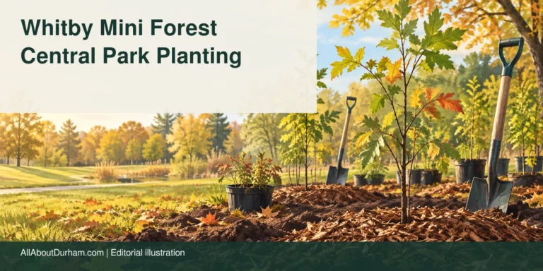 Original editorial illustration of native saplings and planting tools in a generic autumn park; not a photograph of Whitby Central Park.