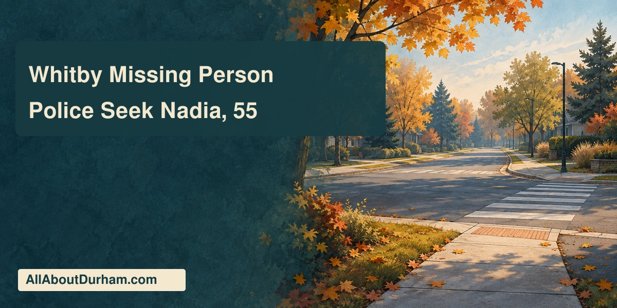 Conceptual editorial illustration of a quiet autumn street intersection in Ontario; no likeness of the missing woman or actual last-seen location.