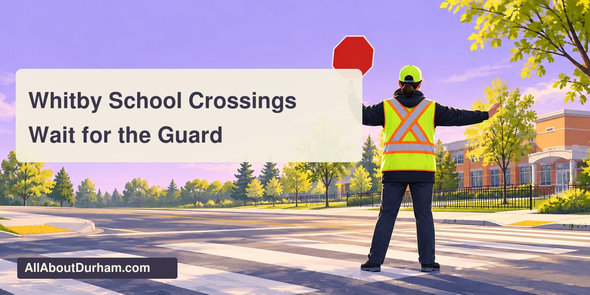 Original editorial illustration of an anonymous crossing guard and a generic crosswalk; not a photograph of an actual school or crossing.