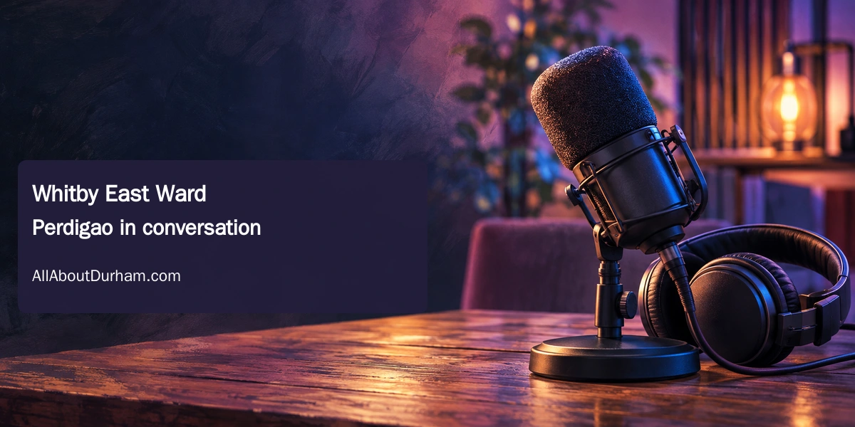Original editorial illustration of an unbranded microphone and headphones in a recording room; not a photograph of the candidate or podcast studio.