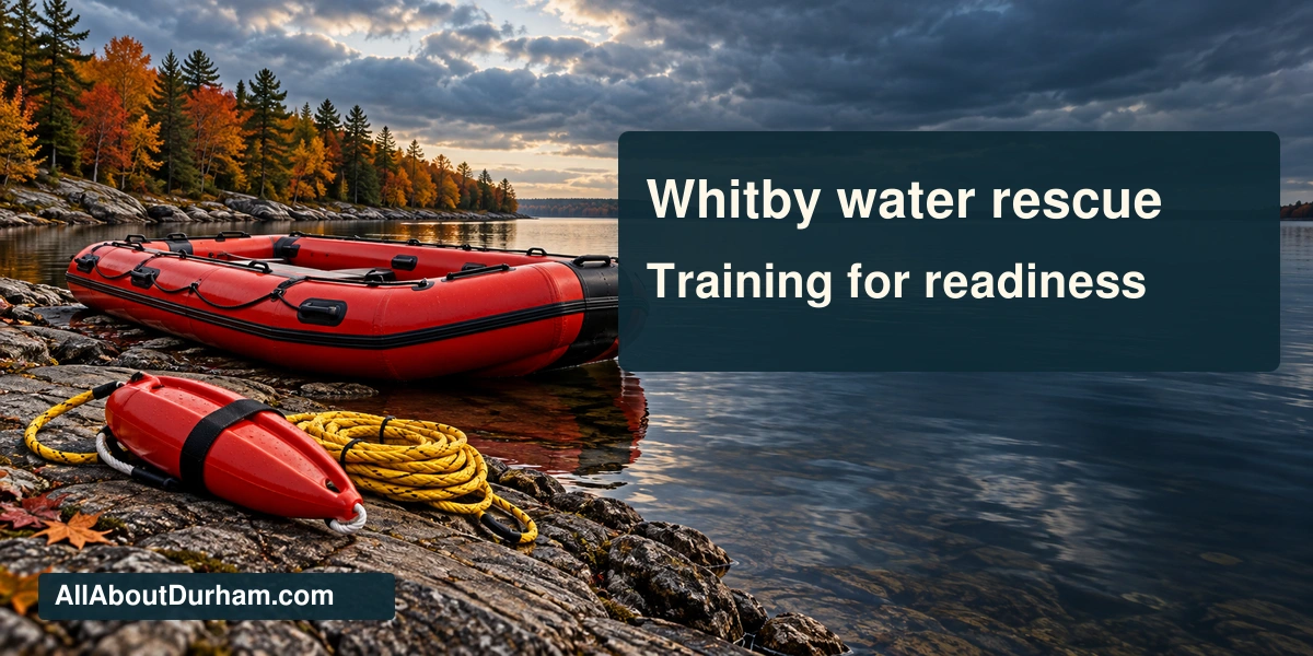 Original conceptual editorial illustration of an inflatable rescue boat and throw rope at an autumn lakeshore; not a photograph of the actual Whitby exercises.