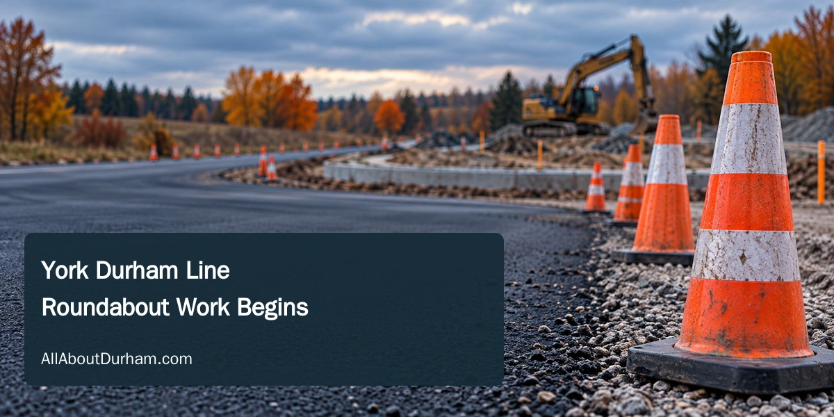 Original editorial illustration of traffic cones and road equipment on a generic rural road; not the actual intersection or its future design.