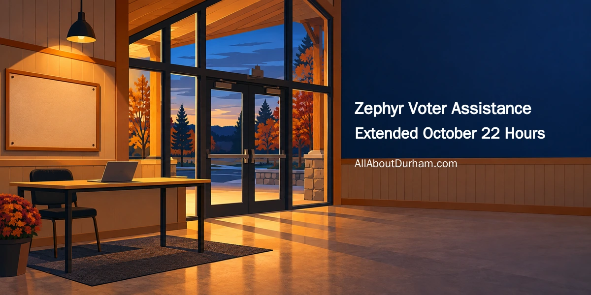 Original editorial illustration of a welcoming community hall foyer with an assistance desk; not a photograph of Zephyr Community Centre.